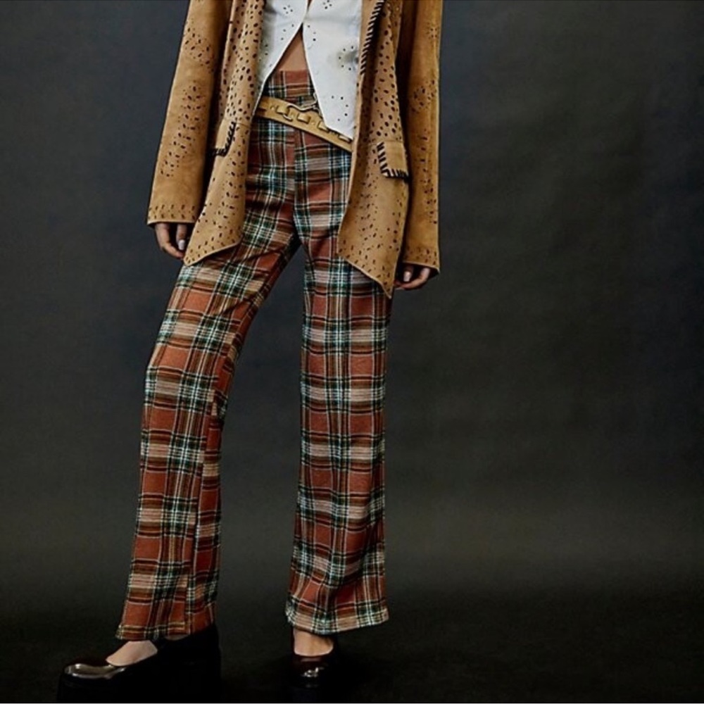 NWOT Free People Rita Flare Pants Trousers XS UK 6 Terracotta Checked Pull On XS